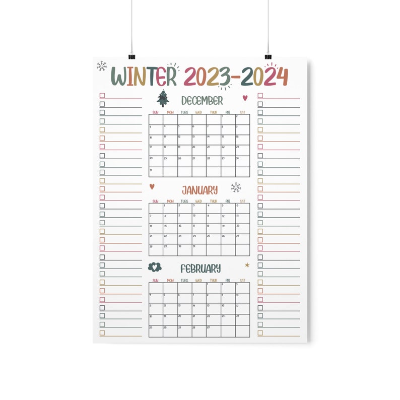 20232024 Winter Printable Calendar Poster Winter Activities Etsy