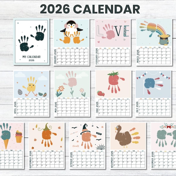 2026 12 Month Handprint Calendar, Preschool Toddler Keeepsake Craft, Calendar Handprint, Memory Book, Handprint Art Bundle, 2026 Calendar