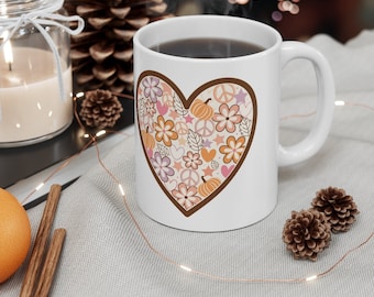 Heart Fall Mug Gift, Ceramic Mug 11oz, Retro Mug, Gift For Her, Fall Gift for Women, Autumn Mug, Pumpkin Fall Leaves Mug