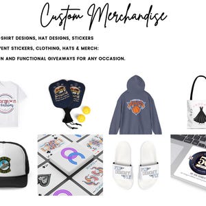 May include: A collection of custom merchandise items including t-shirts, hats, stickers, and tote bags. The items feature various designs, including a basketball team logo, a  "Get Your Moccasins On" design, and a "50th Birthday" design. The text "charm'n creations" is visible on a white t-shirt.