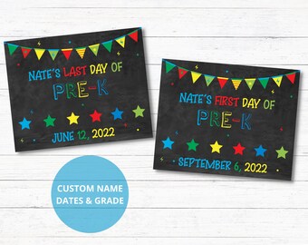 May include: Two chalkboard signs with colorful bunting and stars. The top sign says "NATE'S LAST DAY OF PRE-K JUNE 12, 2022". The bottom sign says "NATE'S FIRST DAY OF PRE-K SEPTEMBER 6, 2022".