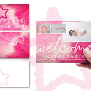 Anuncio de nacimiento de niña o niño editable personalizado y paquete de tarjetas de agradecimiento dobladas / Tie Dye / Tarjeta fotográfica / Tarjeta de nombre del recién nacido en Canva