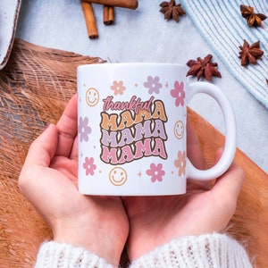 Thankful Mama Mug Gift, Ceramic Mug 11oz, Retro Mama Mug, Smiley Face Mug, Flower Mug, Retro Mug Design, Fall Mama Gift
