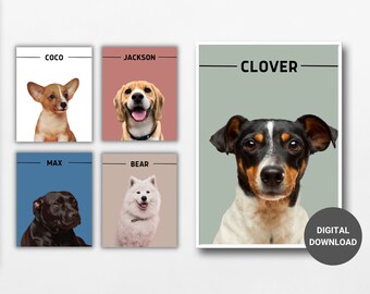 Pode incluir: Um download digital de cinco retratos de animais de estimação imprimíveis. Cada retrato apresenta uma raça de cão diferente com o seu nome escrito acima da imagem. Os nomes são Coco, Jackson, Clover, Max e Bear. Os retratos estão sobre fundos de cores diferentes.