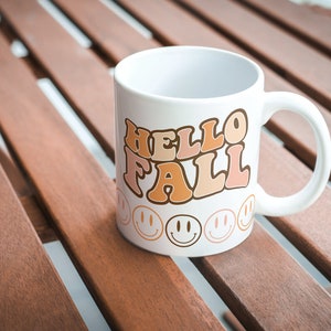 Hello Fall Mug Gift, Ceramic Mug 11oz, Retro Fall Mug, Smiley Face Mug, Fall Hello Fall Mug Design, Fall Gift, Autumn Mug, Fall Coffee Mug
