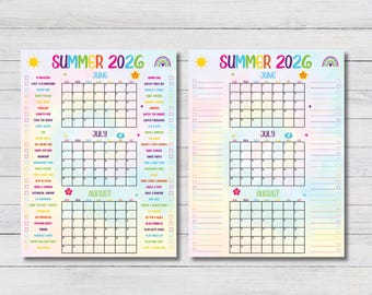 2026 Regenbogen Sommer druckbarer Kalender, Sommer Ausfüllen Kalender, Sommer des Spaßes Kalender, Tie-Dye 2026 DIY Bucket List, Sommer Checkliste
