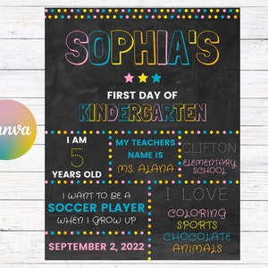 Eerste schooldagbord | Schoolbordbord | Bewerkbare digitale download | Gemaakt op Canva | Terug naar schoolbord | Foto Prop afgedrukte poster