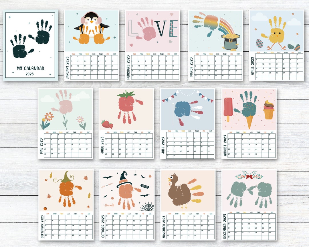 2023 12 Month Handprint Calendar, DIY Kids Toddler Baby Craft, Calendar Handprint, Keepsake