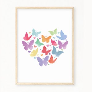 Butterfly Heart Watercolor Rainbow Wall Art | Rainbow Hearts Art Print | Rainbow Nursery Decor | Girls Room | Butterfly Printable | Wall Art