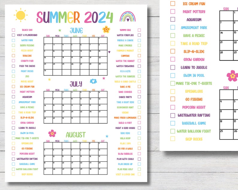 Summer 2024 Printable Calendar Poster, Set of 2 Summer Calendar, Fill