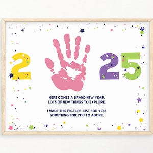 Artisanat du Nouvel An 2025 pour les enfants, poème d'empreinte de main d'art, main de bébé d'enfant en bas âge de bonne année 2025, carte d'impression souvenir, téléchargement immédiat
