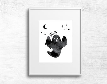 Watercolor Ghost Boo Sign, Halloween Poster, Halloween Art Print, Halloween Wall Art, Halloween Home Decor, Spooky Digital Download