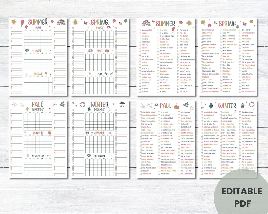 Spring Summer Fall Winter Printable Calendar, Kids Activities Calendar ...