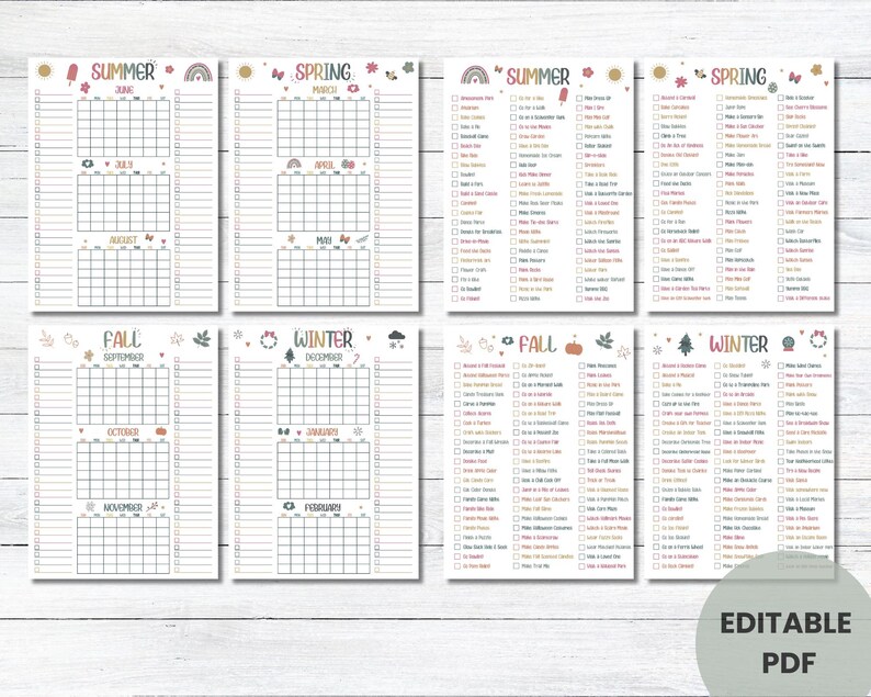 Spring Summer Fall Winter Printable Calendar, Kids Activities Calendar ...