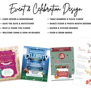 May include: A collage of four event design invitations. The top left invitation is pink and gold with the text "Boots Bling". The top right invitation is blue and white with the text "Celebrity Master Dinner". The bottom left invitation is green and red with the text "Toy Drive". The bottom right invitation is white with a floral design and the text "The Menu".