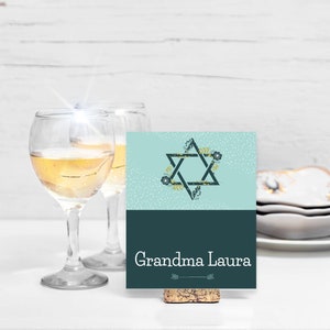 Anpassade namnplaceringskort, judiska placeringskort för högtidsbord, påskplaceringskort, judisk stjärna, redigerbara i Canva