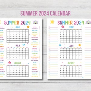 Summer 2024 Printable Calendar Poster, Set of 2 Summer Calendar, Fill in, Summer Activities, Summer Bucket List, 2024 Summer Check List