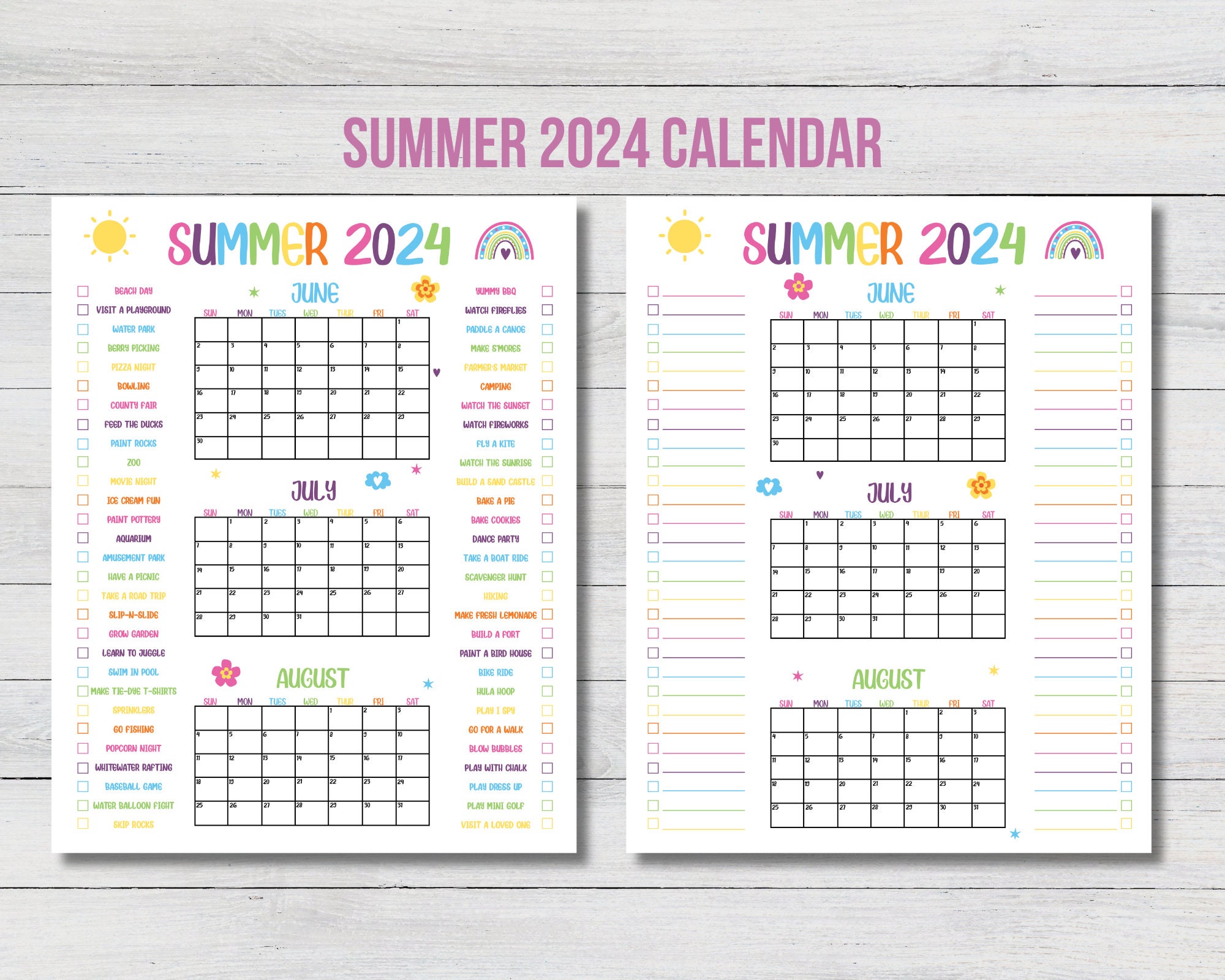 summer-2024-printable-calendar-poster-set-of-2-summer-calendar-fill-in-summer-activities-summer-bucket-list-2024-summer-check-list-etsy