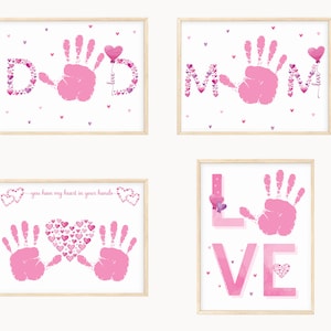 Conjunto de 4 paquetes de arte con huellas de manos, artesanías de arte para niños pequeños, primer día de San Valentín, artesanía de San Valentín, regalo de mamá, papá imprimible, recuerdo de bricolaje