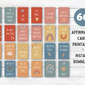 60 carte di affermazione positiva per bambini, pacchetto di carte motivazionali, carte di incoraggiamento, affermazioni stampabili, affermazioni quotidiane per bambini