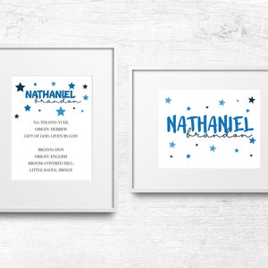 Set of 2 Custom Baby Name Sign and Meaning of the Name Sign | Blue Stars Art Print | Nursery Decor | Nursery Blue Wall Art | Wall Art Decor