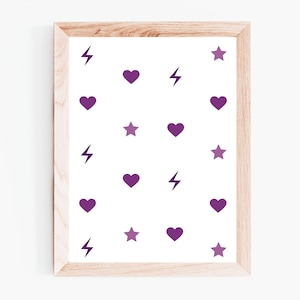 Purple Stars Bolt Print, Heart Printable Wall Art, Kids Poster, DIY Baby Toddler Room Decor, Girl Playroom Decor, Instant Download
