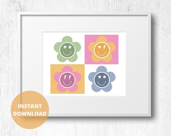 Flower Smiley Face Star Bolt Wall Art |  Retro Background Art Print | Nursery Decor | Girls Room | Smiley Face Happy Instant Download