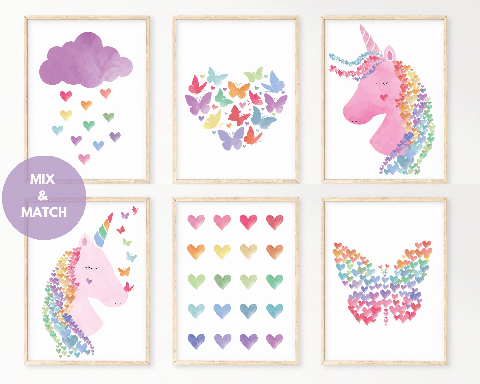 Watercolor Pink Rainbow Unicorn Butterfly Heart Wall Art | Rainbow ...