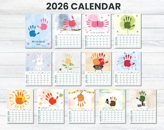 2026 12 maanden handafdrukkalender, doe-het-zelf kind peuter baby ambacht, kalender handafdruk, kindergeheugenboek, handafdruk kunstbundel, 2026 kinderkalender