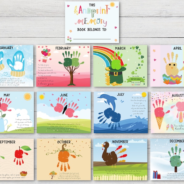 Handprint Memory Book Art Bundle Prints, DIY Kids Crafts, Handprint Keepsake, Months Handprint, Toddler Activity, Baby First Year, Handprint