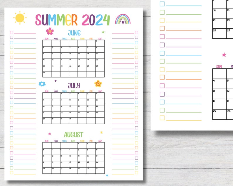 Summer 2024 Printable Calendar Poster, Set of 2 Summer Calendar, Fill
