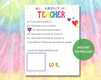 All About My Teacher, Teacher Appreciation Week Printable, Teacher Card, Teacher Thank You Activity, Coloring Page, All About My Teacher