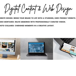 May include: A collage of three images showcasing digital content and web design services. The first image shows a computer screen displaying a website design for a restaurant. The second image shows a laptop with a website design for a business. The third image shows a smartphone displaying a website design for a business.