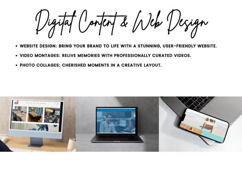 May include: A collage of three images showcasing digital content and web design services. The first image shows a computer screen displaying a website design for a restaurant. The second image shows a laptop with a website design for a business. The third image shows a smartphone displaying a website design for a business.