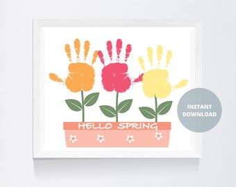 Hello Spring Card, Spring Handprint Footprint Art, DIY Toddler Activity, Keepsake Printable, Toddler Crafts, Spring Flower Decor, Spring Art