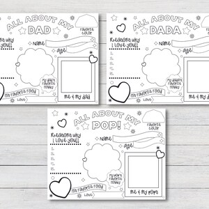 Könnte beinhalten: Schwarz-weiße, ausfüllbare Aktivitätsblätter zum Ausdrucken für Kinder, um ihren Vater, Papa oder Pop kennenzulernen. Die Blätter enthalten Abschnitte für Gründe, warum sie ihren Vater lieben, das Lieblingsessen ihres Vaters, das Lieblingshobby ihres Vaters und Platz für ein Foto von ihnen mit ihrem Vater.