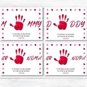 Conjunto de 4 mami papá abuela abuelo amor Handprint Art Bundle, DIY Kids Craft, Handprint del día de San Valentín, tarjeta de recuerdo, bebé niños pequeños