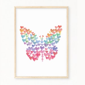 Watercolor Butterfly Hearts Wall Art | Rainbow Hearts Background Art Print | Rainbow Nursery Decor | Girls Room Decor | Butterfly Printable