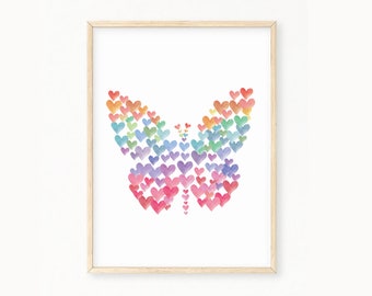 Aquarel vlinder harten kunst aan de muur | Regenboog harten achtergrond Art Print | Regenboog kwekerij decor | Meisjeskamerinrichting | Vlinder afdrukbaar
