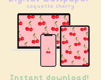Sfondo per telefono Cherry Coquette / Salvaschermo carino con estetica rosa, sfondo ciliegia, download digitale