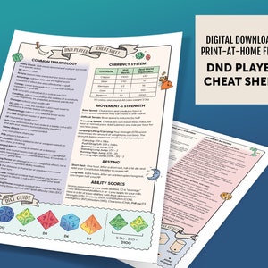 Folha de dicas para jogadores de Dungeons and Dragons para impressão - DnD 5e - Guia do jogador - RPG - Download digital