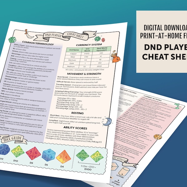Afdrukbare Dungeons and Dragons Player Cheat Sheet - DnD 5e - Spelersgids - RPG - Digitale download
