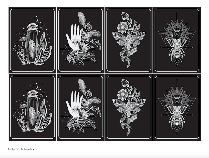 May include: A set of six black and white illustrations featuring a variety of mystical and nature-inspired designs. The illustrations include a hand with an eye, a moth, a beetle, a bottle with a feather, and a variety of floral elements.