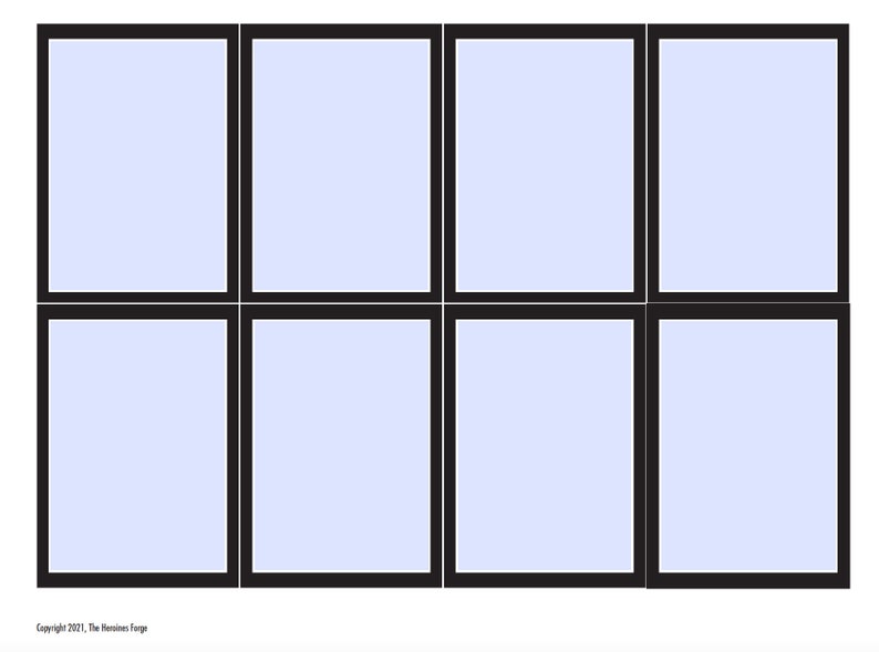 May include: A set of eight blank white cards with black borders. The cards are arranged in a 2x4 grid.
