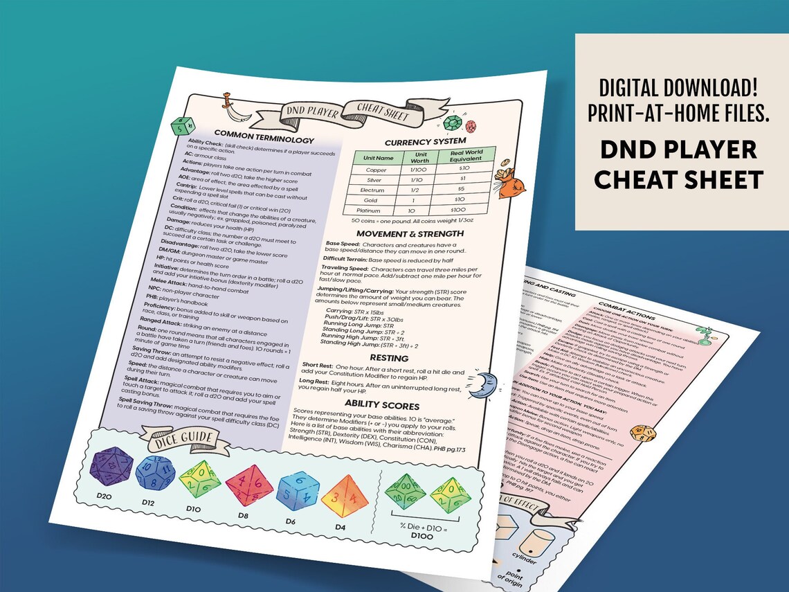 Printable Dungeons and Dragons Player Cheat Sheet Dnd 5e - Etsy