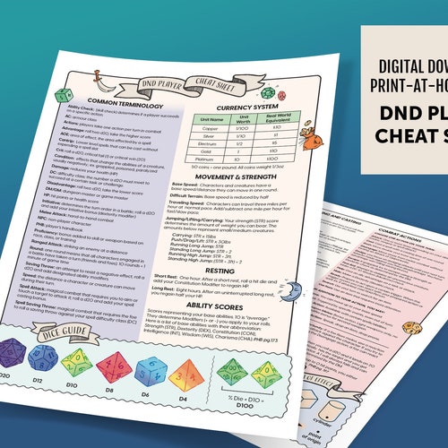 Printable Dungeons and Dragons Player Cheat Sheet Dnd 5e - Etsy