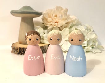 Personalised Name Peg dolls, Custom peg dolls, childminder resources, self registration, baby gift, birthday cake topper, pastel pegdolls