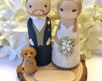 Personalised wedding cake topper peg doll brides, grooms and family members
