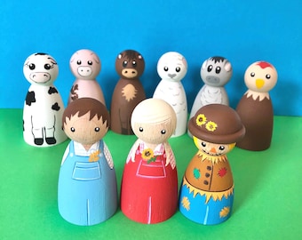 Wooden handmade farmyard animals & farmer peg doll sets, imaginative pretend play farm toys ideal for early years and pre school age