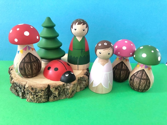 Fairy garden toys, boy and girl fairies, toadstools and ladybug, handmade wooden gifts for early years imaginative play and tuff tray ideas